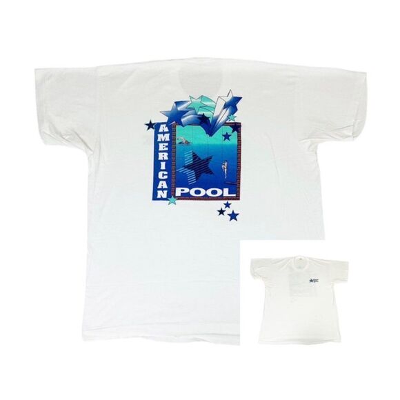 Vintage 90s American Pool Service T-Shirt XL White Swim Water - Picture 1 of 9